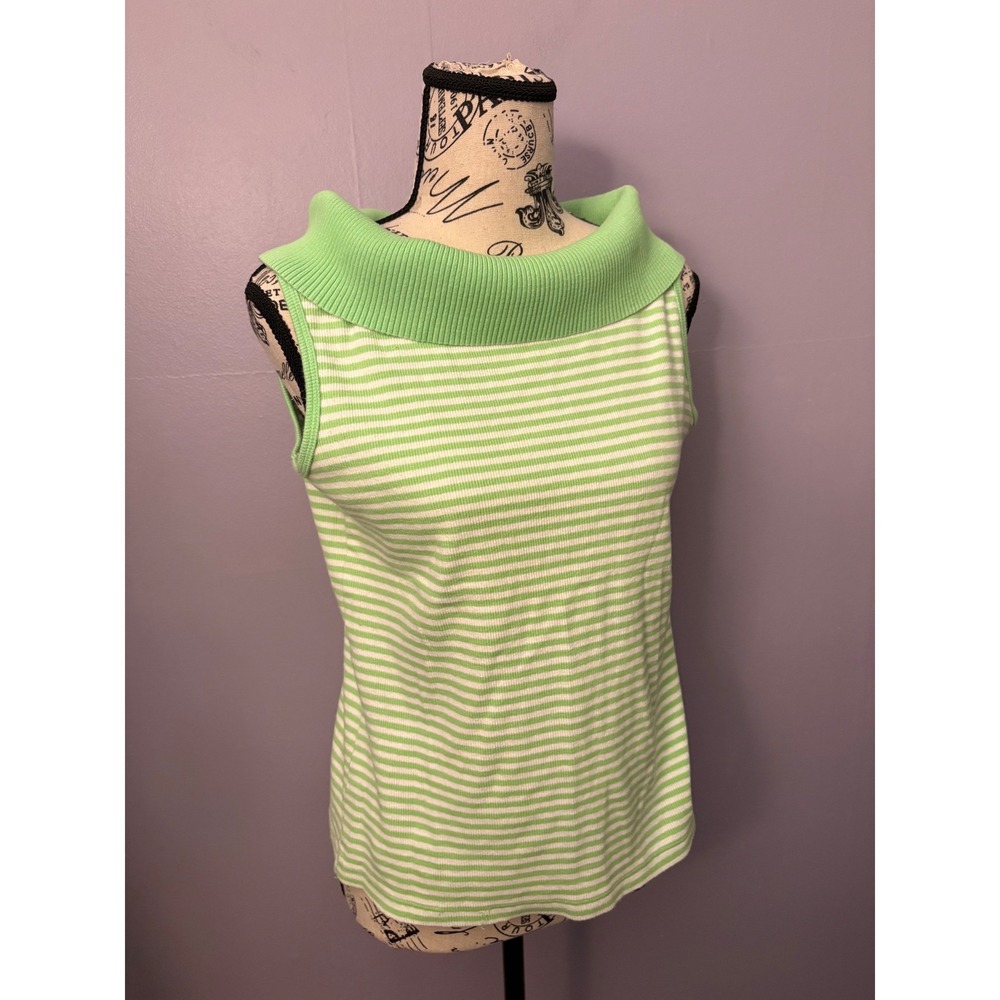 VTG Rafaella Lime Green White Striped Portrait Collar Sleeveless Knit Top S